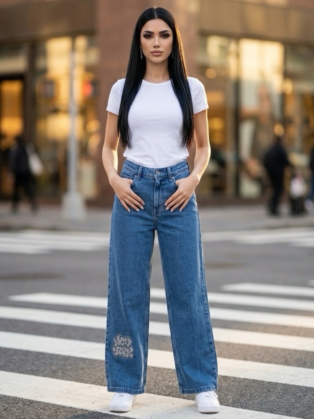 Hollister New York Embroidery Patch Super Baggy Light Blue Jeans Women’sSize W28